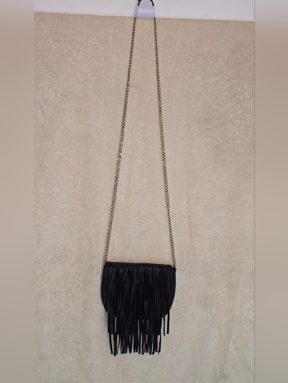 Womens Black Fringe Crossbody Bag Gold Chain Strap